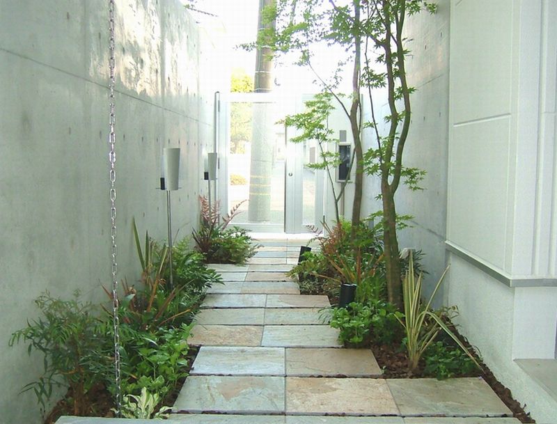 アプローチを植物を楽しむ空間に 細長い庭 有限会社ガーデンアート昌三園 ガーデンプラット